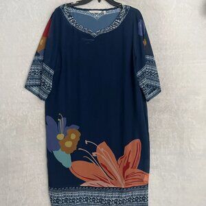 Soft Surroundings Womans A Line Dress Blue Floral Large Polyester Short Sleeve